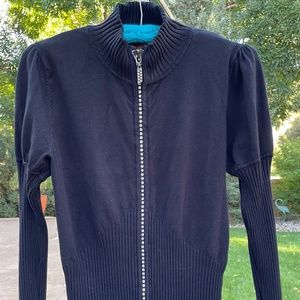 Beldini Jet Black Fitted Sweater Rhinestone Zipper Puff Sleeves